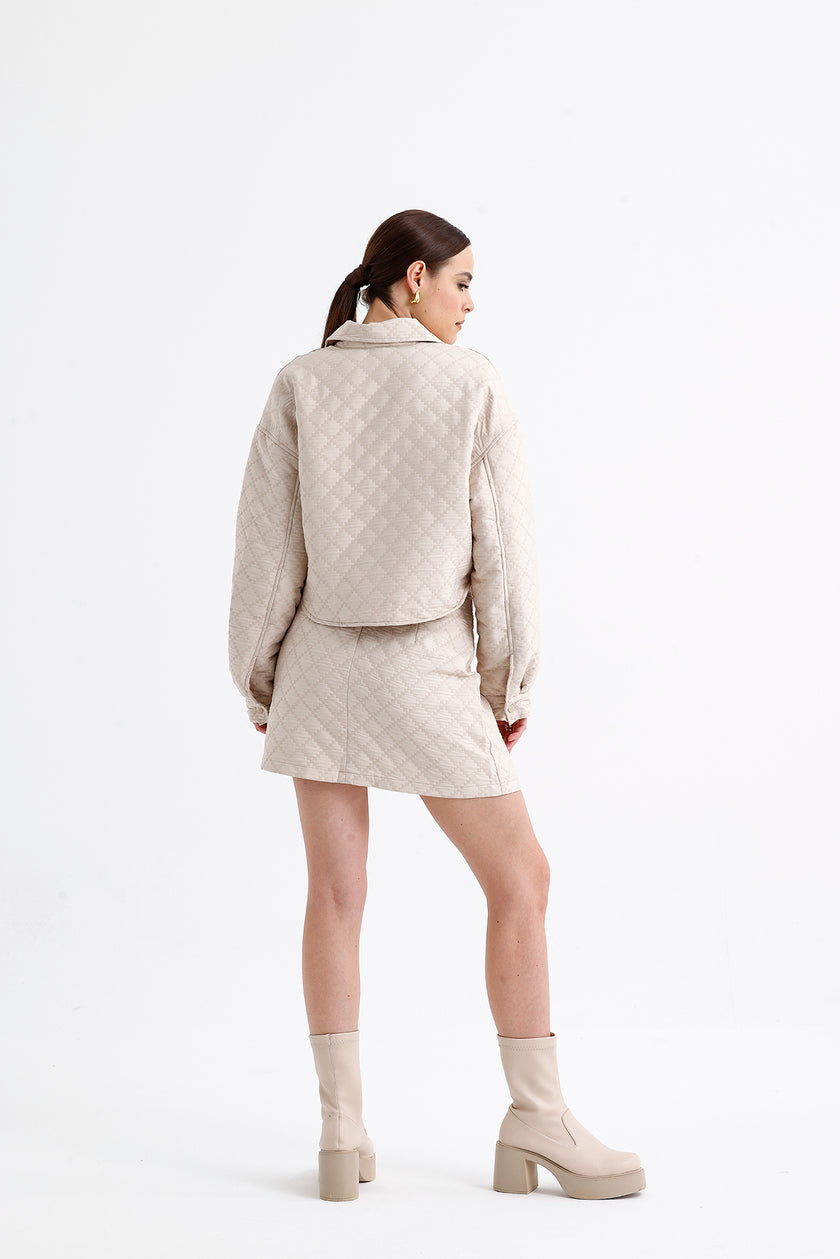 Quilted Crop Skirt Set Beige