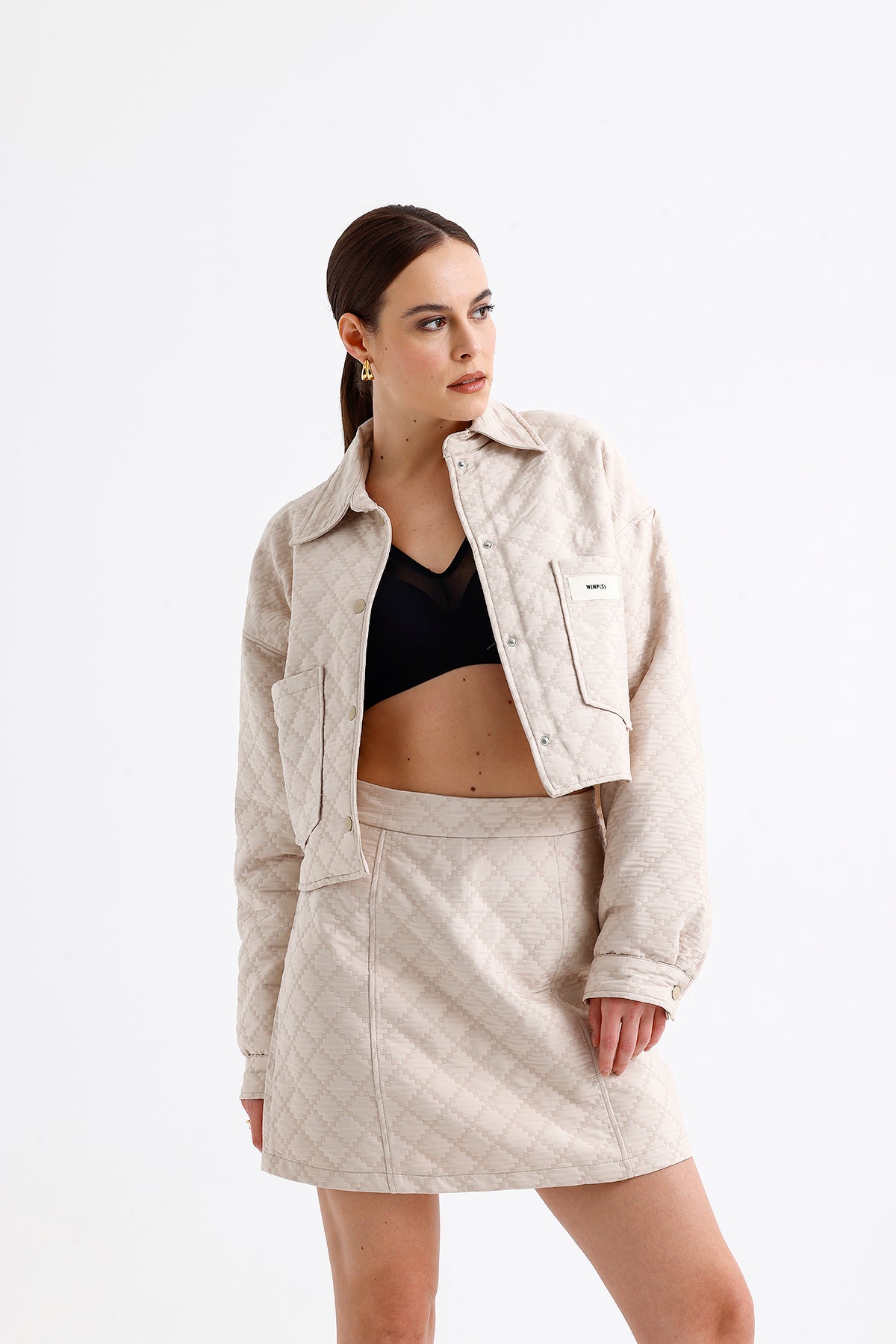 Quilted Crop Skirt Set Beige