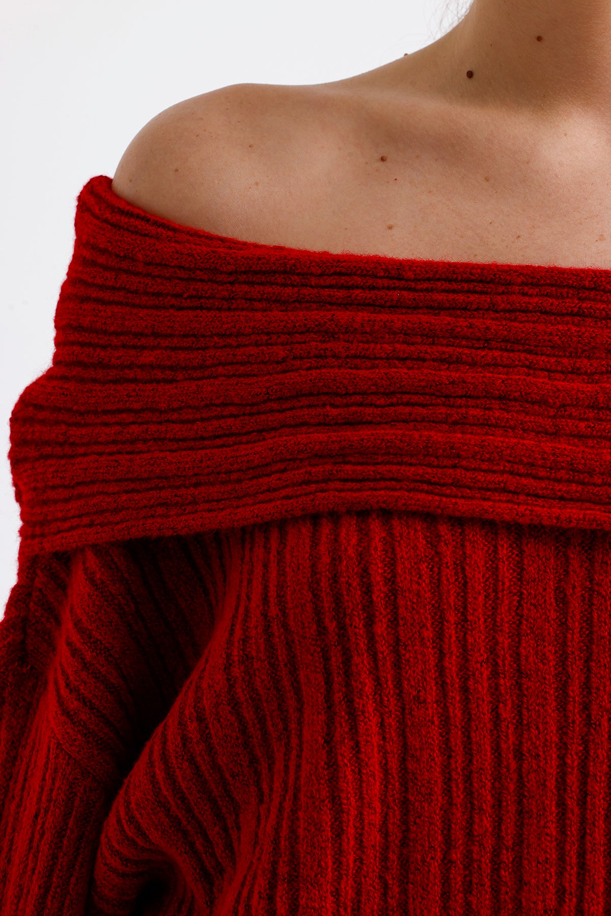 Cowl Collar Ribbed Sweater Red