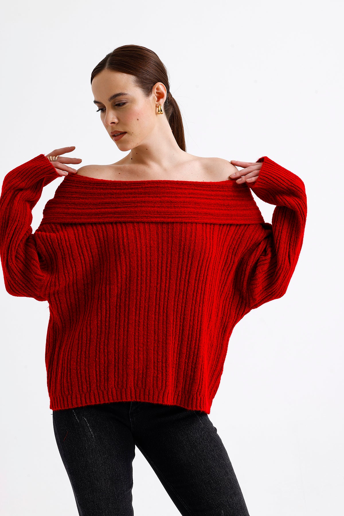 Cowl Collar Ribbed Sweater Red