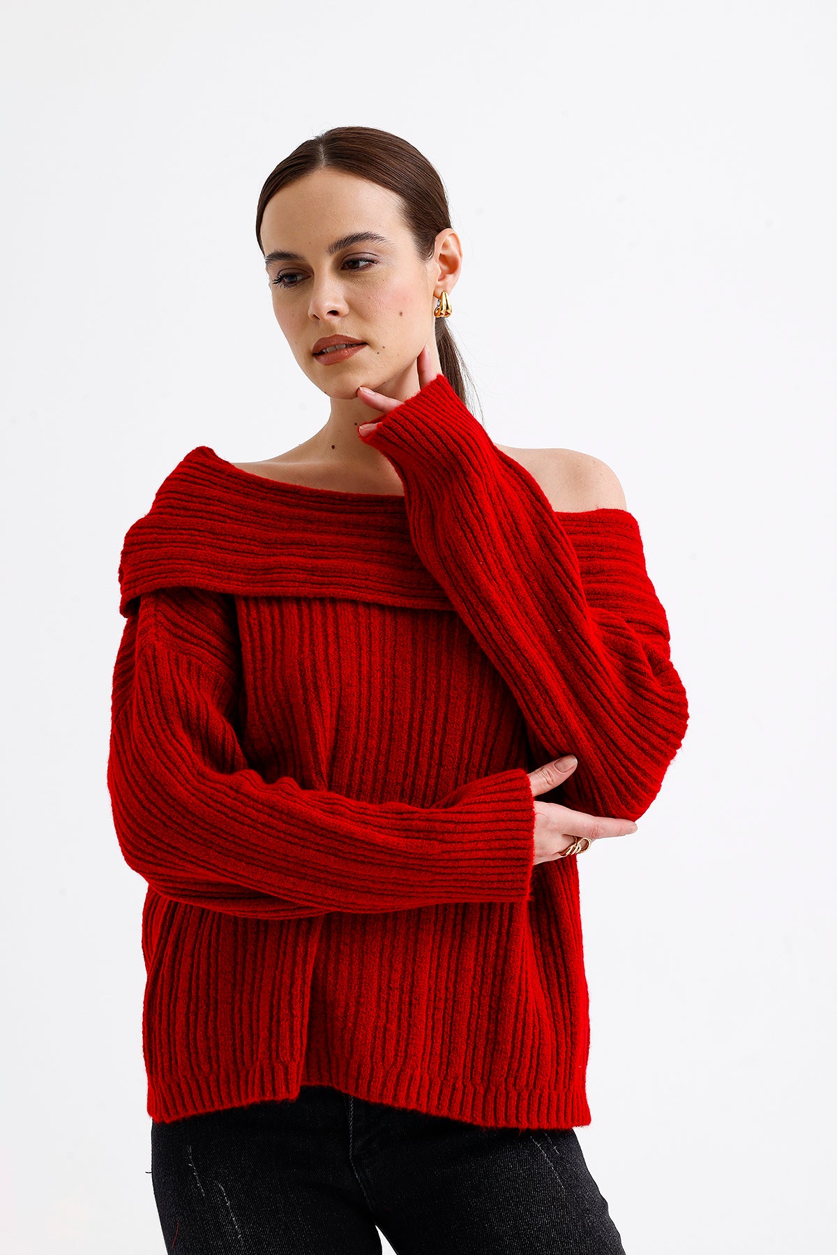 Cowl Collar Ribbed Sweater Red