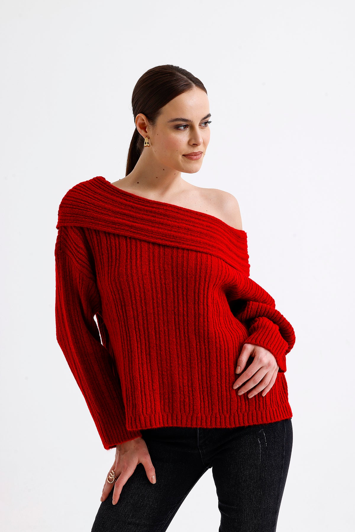 Cowl Collar Ribbed Sweater Red