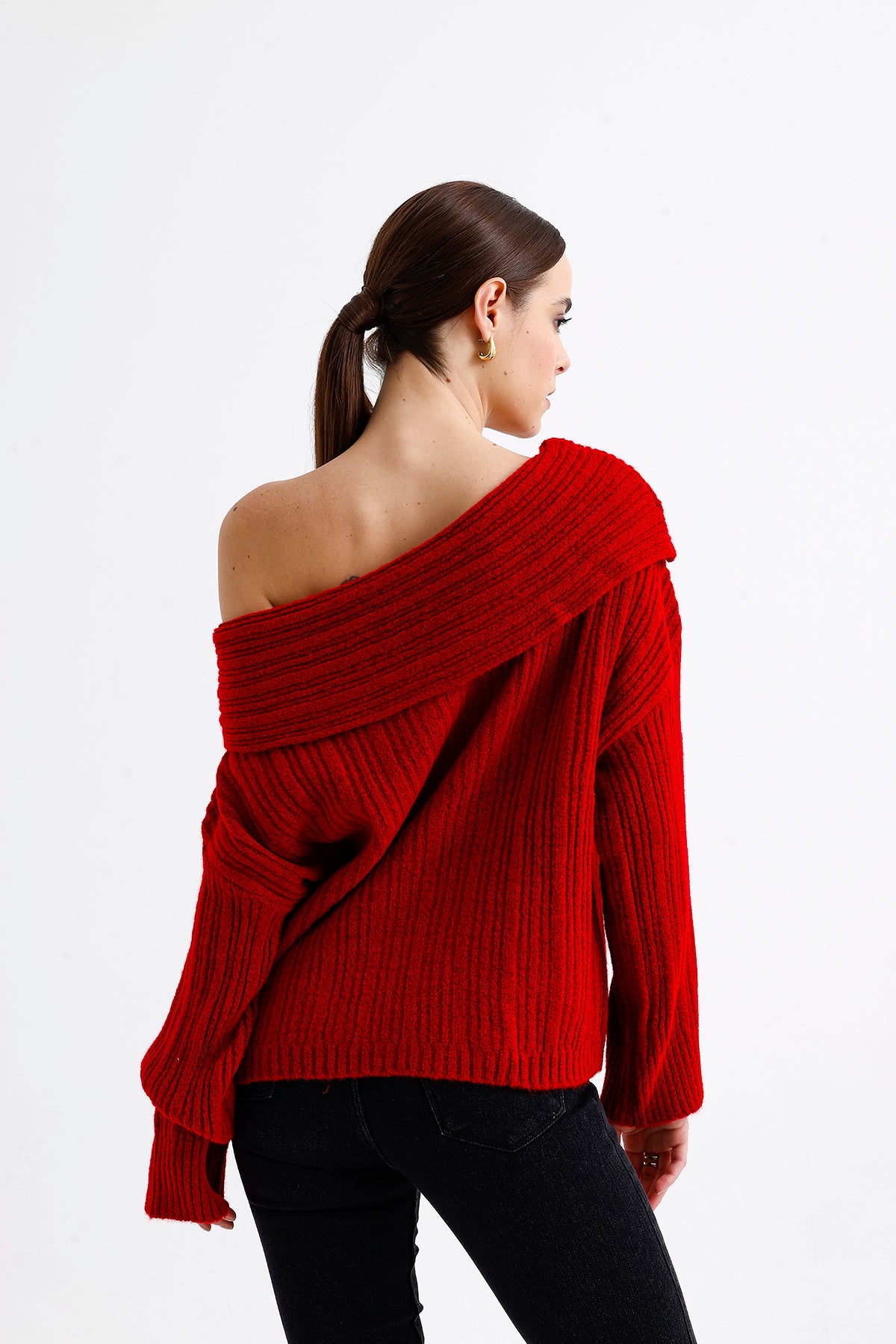 Cowl Collar Ribbed Sweater Red | CLOTHES | KNITWEAR | Lebbse Cowl Collar Ribbed Sweater Red | CLOTHES | KNITWEAR | Lebbse