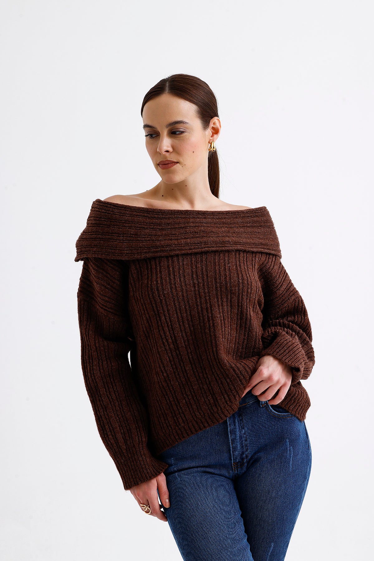 Cowl Collar Ribbed Sweater Dark Cinnamon