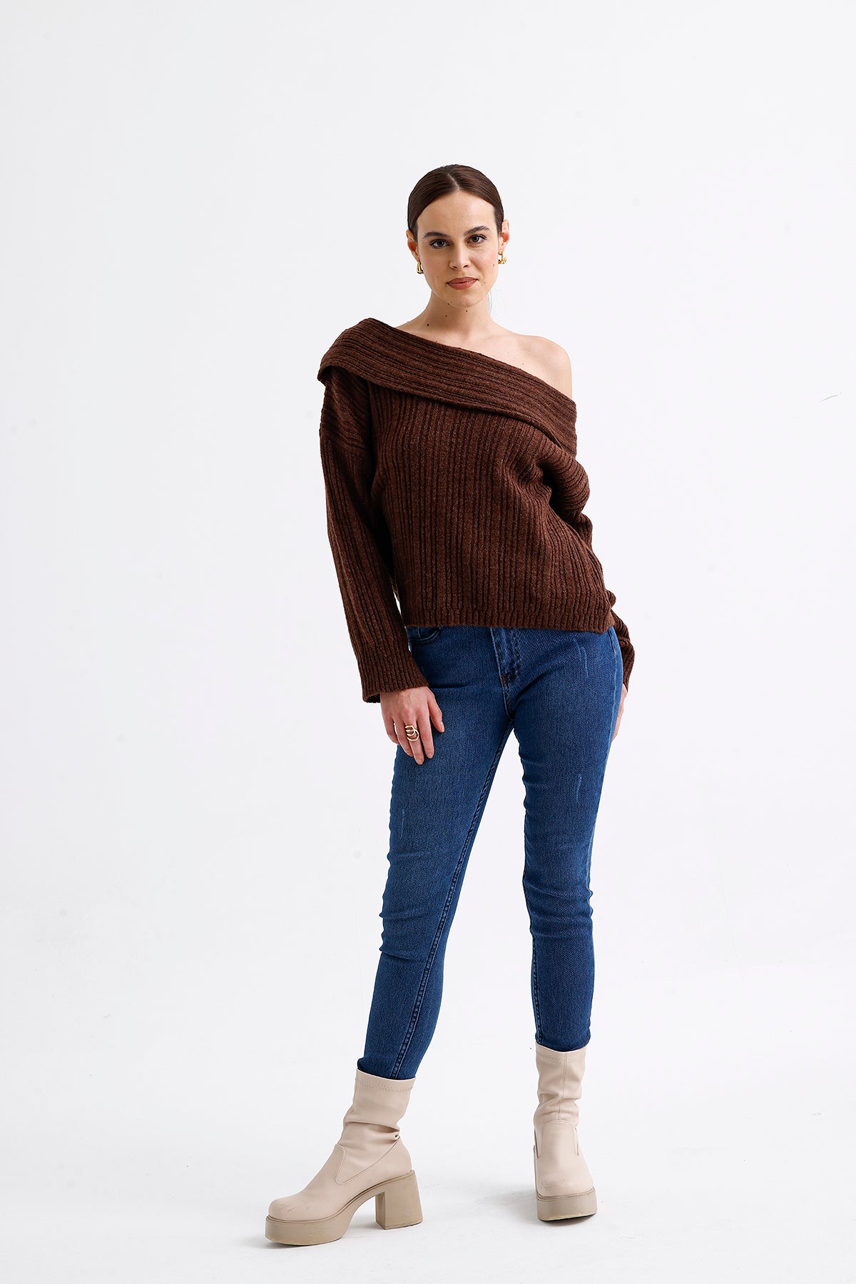 Cowl Collar Ribbed Sweater Dark Cinnamon