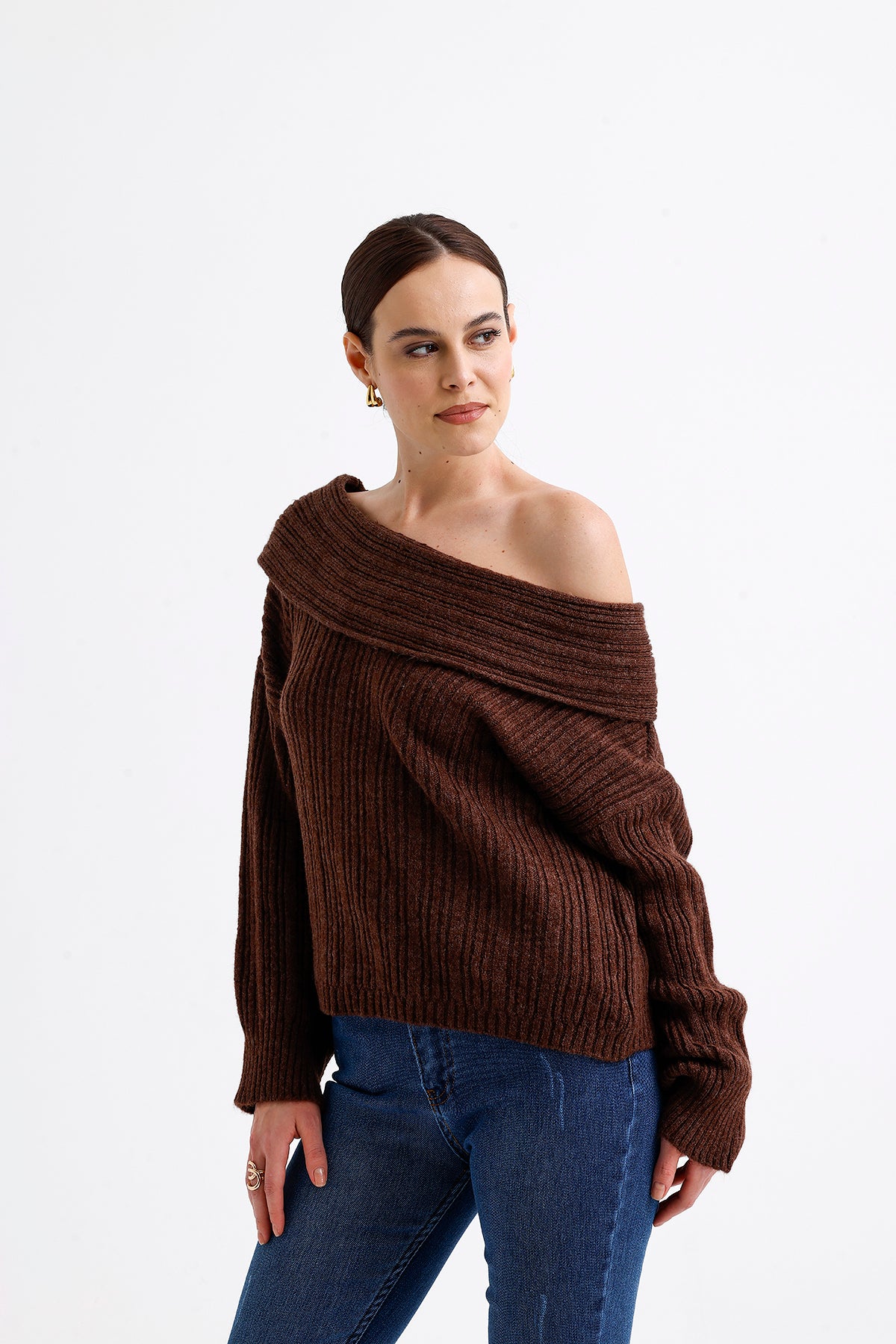 Cowl Collar Ribbed Sweater Dark Cinnamon