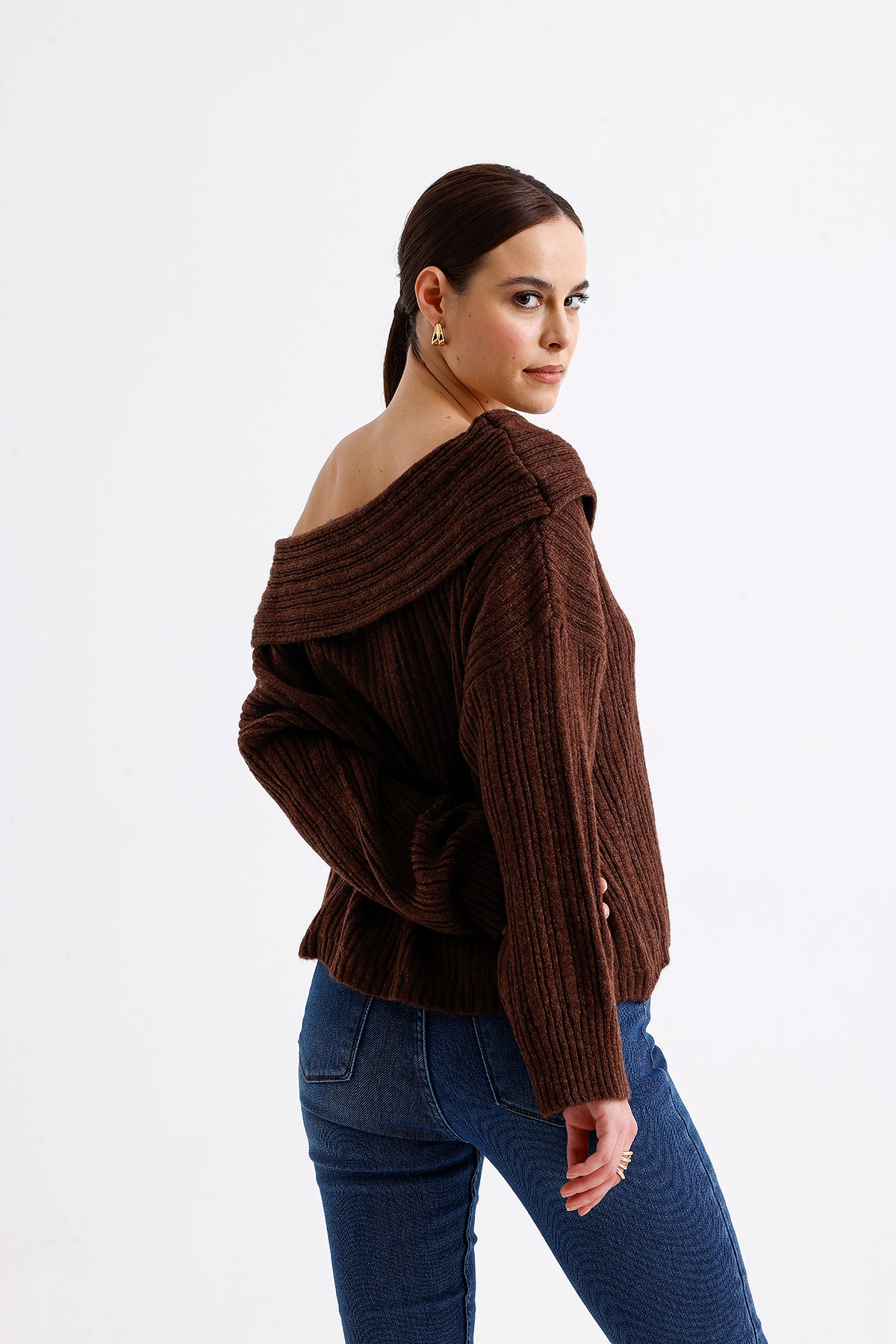 Cowl Collar Ribbed Sweater Dark Cinnamon | CLOTHES | KNITWEAR | Lebbse Cowl Collar Ribbed Sweater Dark Cinnamon | CLOTHES | KNITWEAR | Lebbse