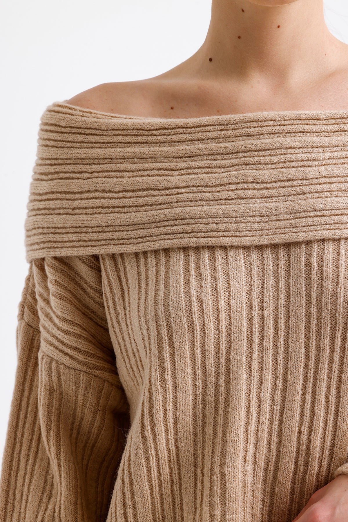 Cowl Collar Ribbed Sweater  Beige