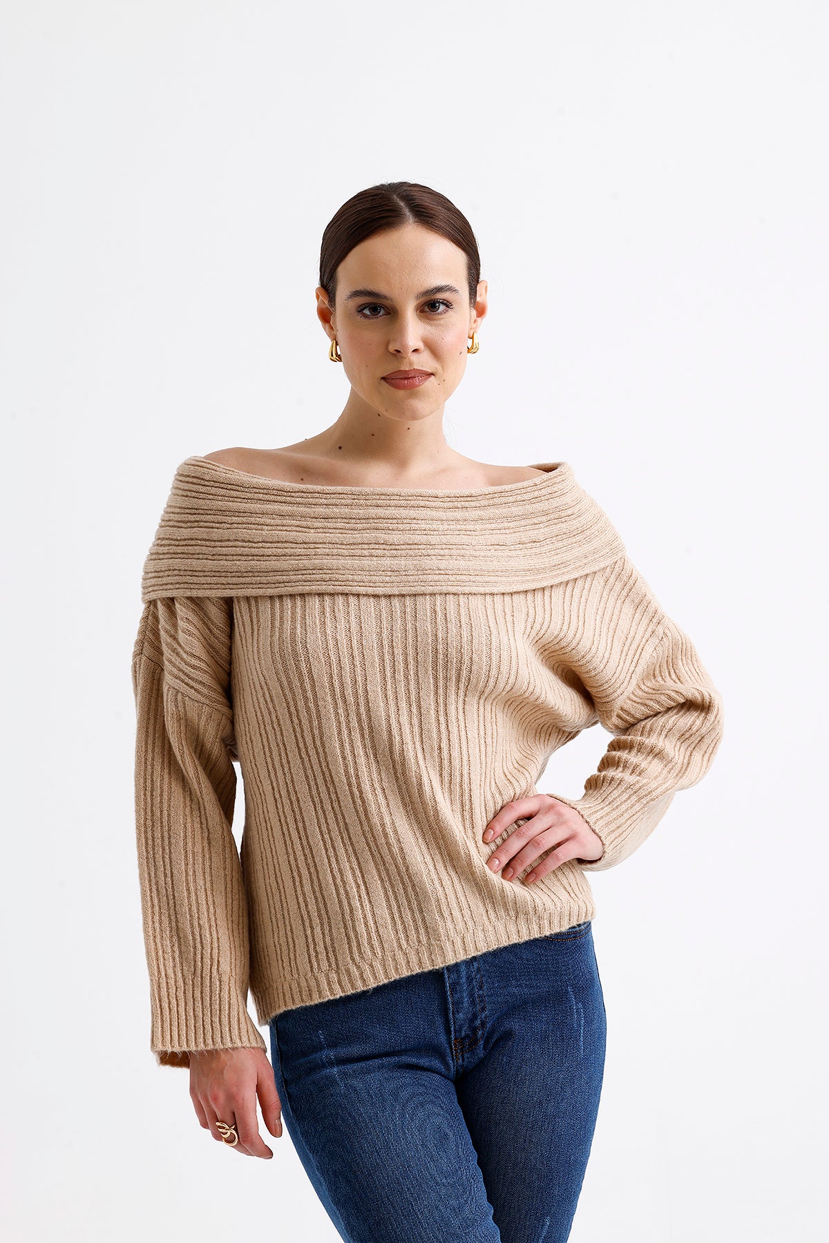 Cowl Collar Ribbed Sweater  Beige