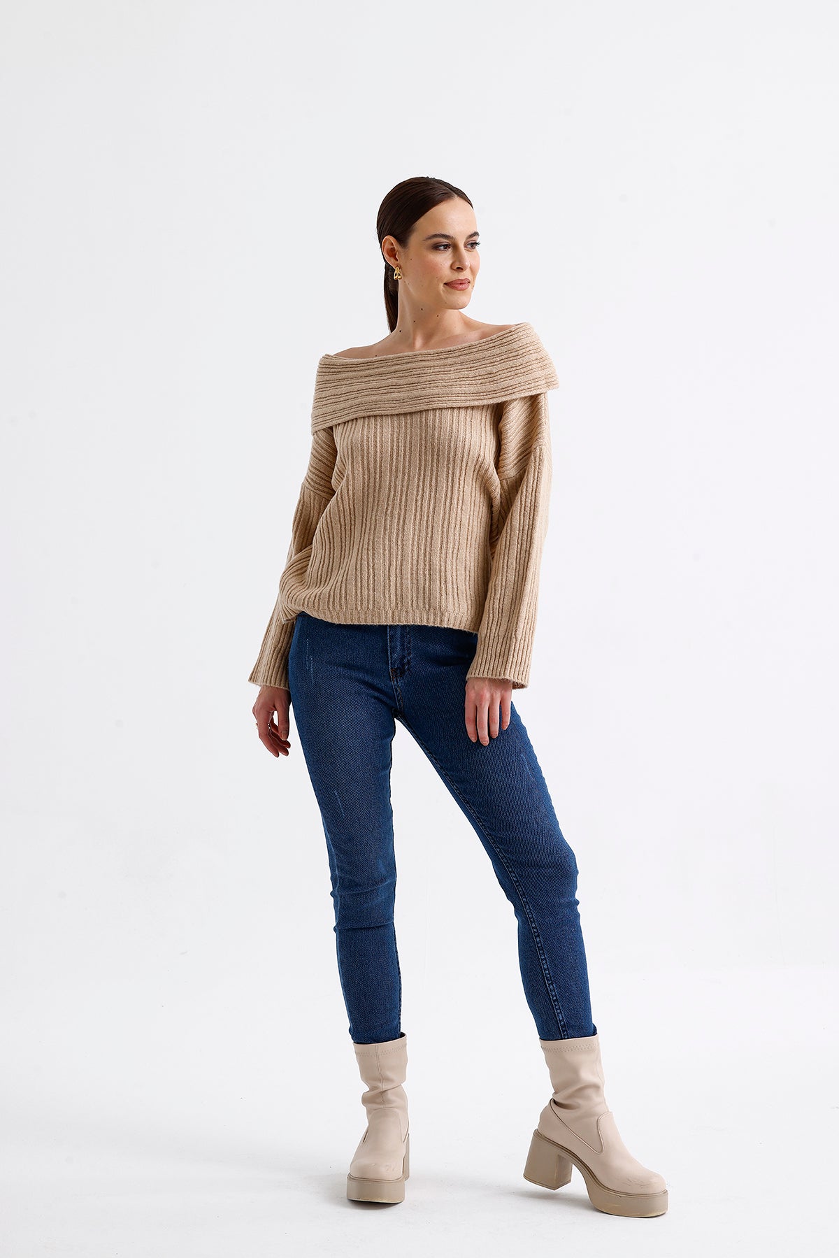 Cowl Collar Ribbed Sweater  Beige