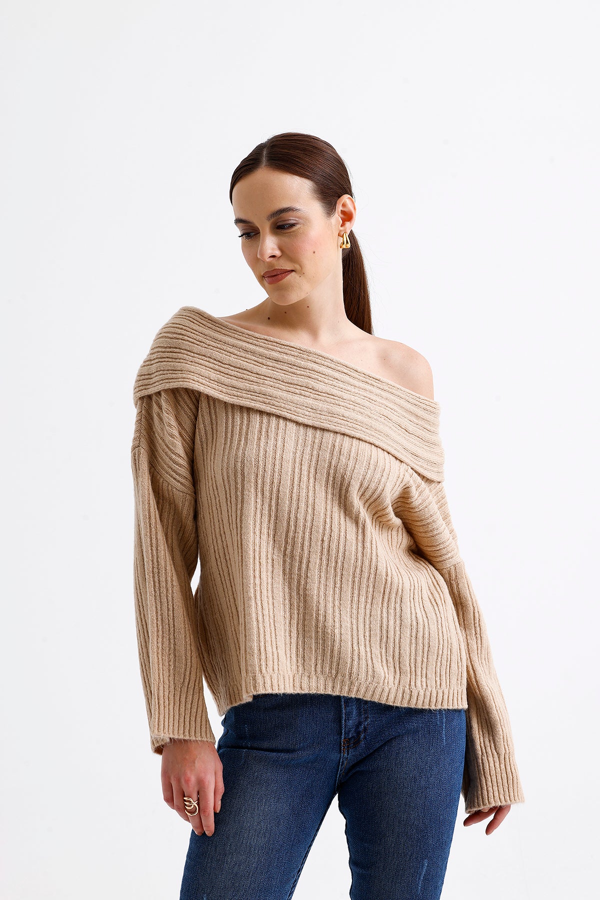 Cowl Collar Ribbed Sweater  Beige