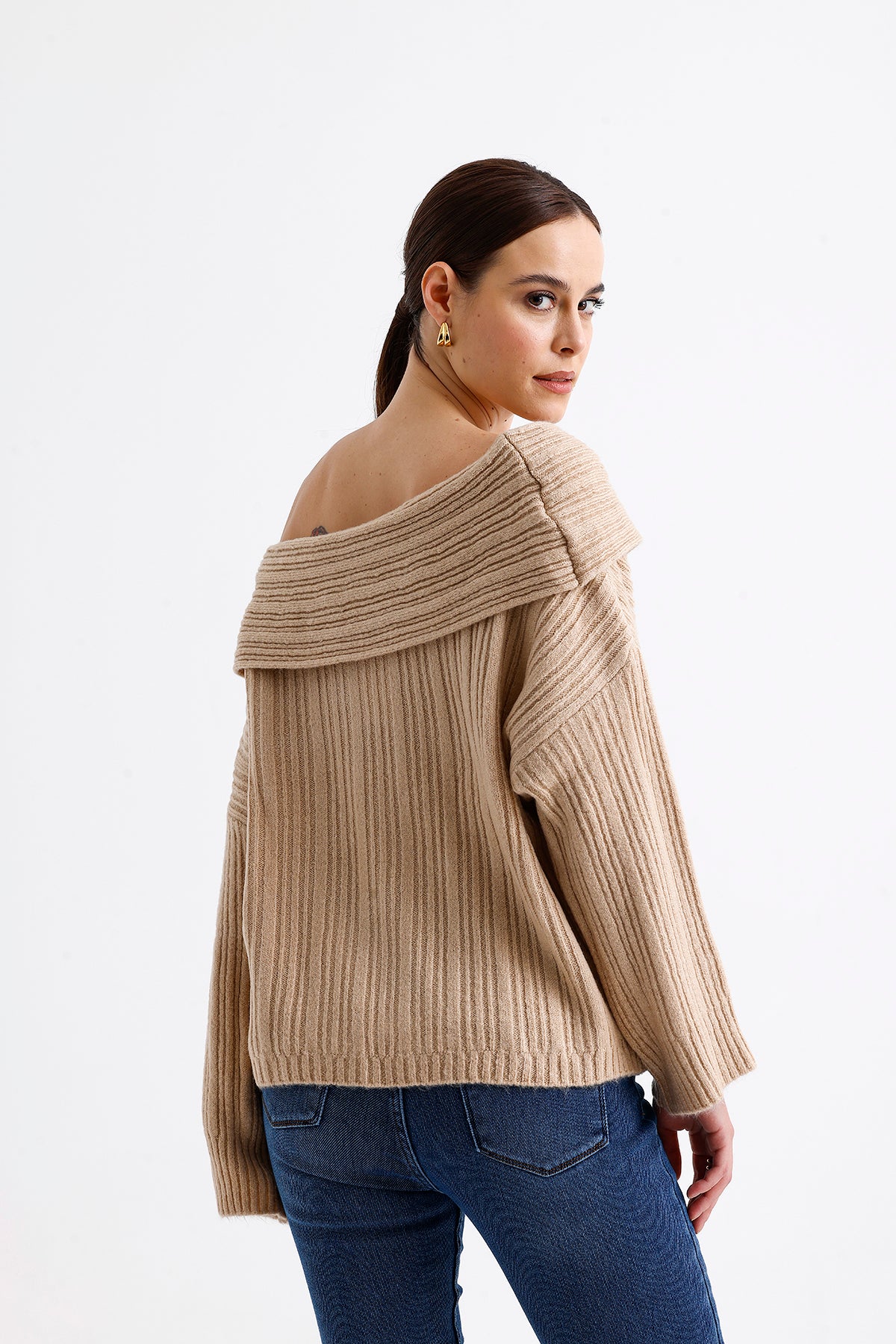 Cowl Collar Ribbed Sweater  Beige
