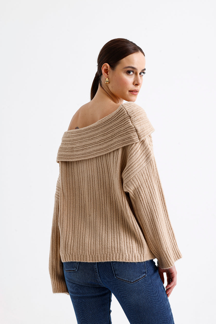 Cowl Collar Ribbed Sweater  Beige