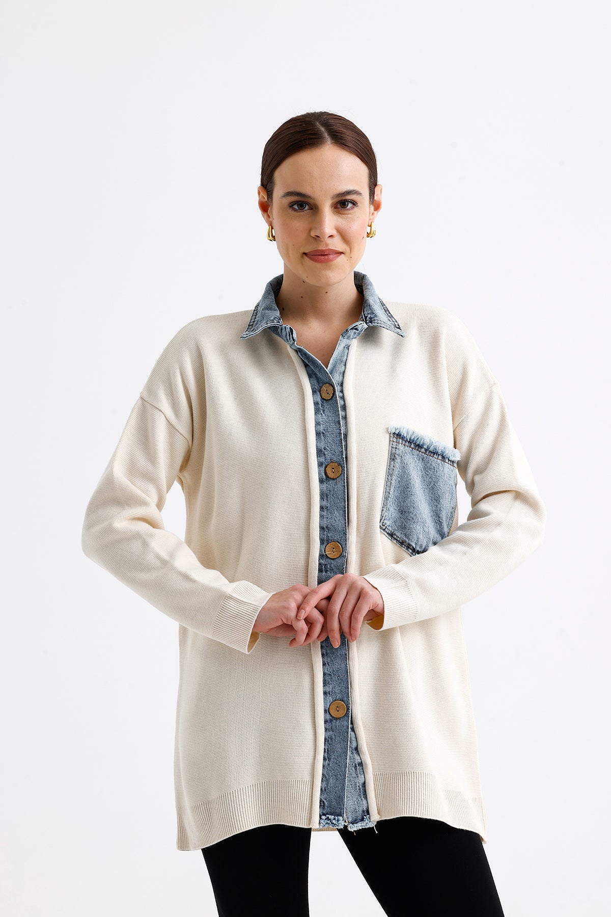 Denim Garnished Cardigan Cream