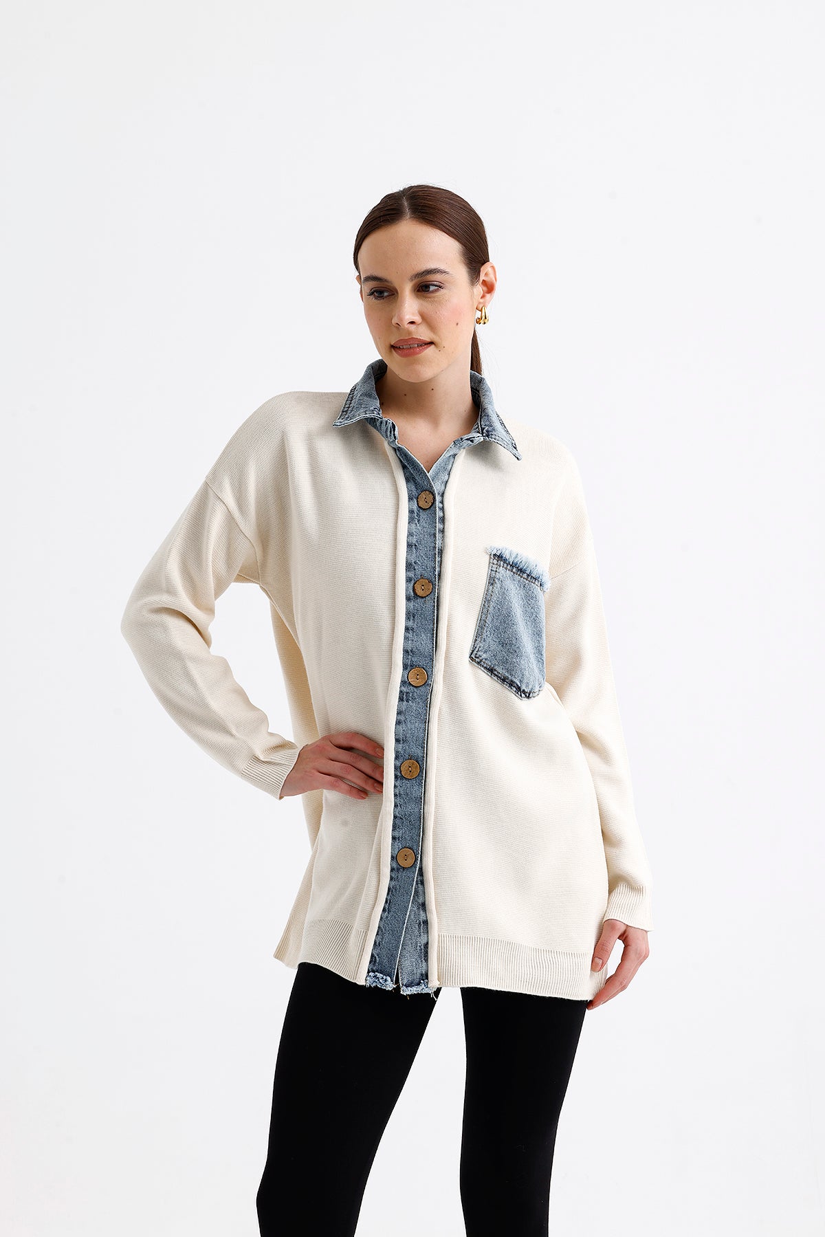 Denim Garnished Cardigan Cream