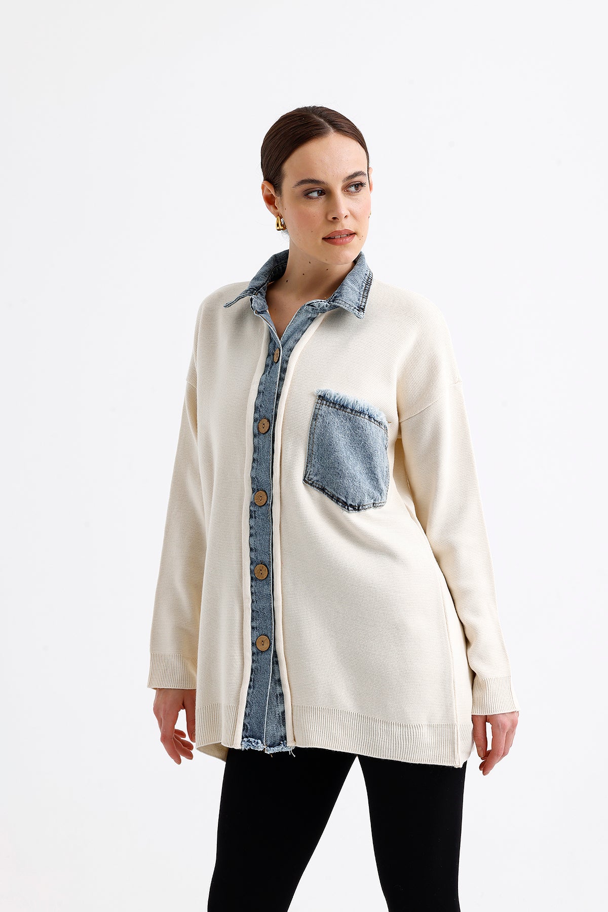 Denim Garnished Cardigan Cream