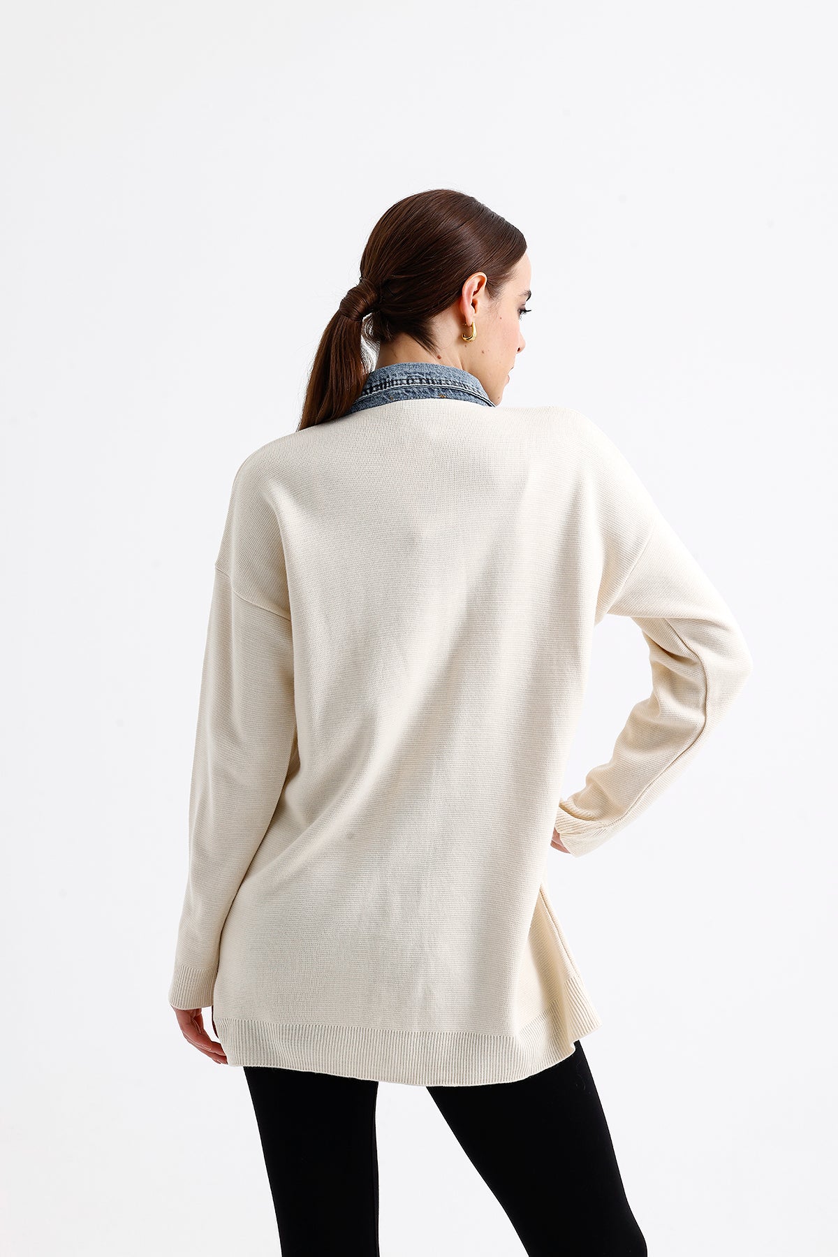 Denim Garnished Cardigan Cream