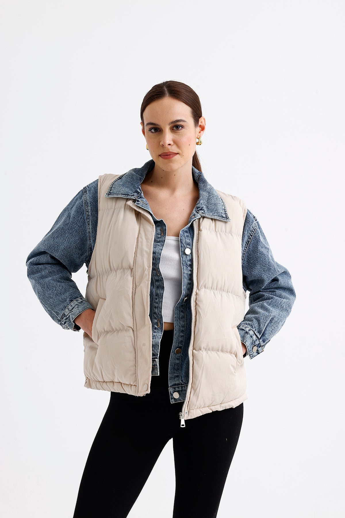 Sleeve and Collar Denim Detail Coat | CLOTHES | COAT | Lebbse Sleeve and Collar Denim Detail Coat | CLOTHES | COAT | Lebbse