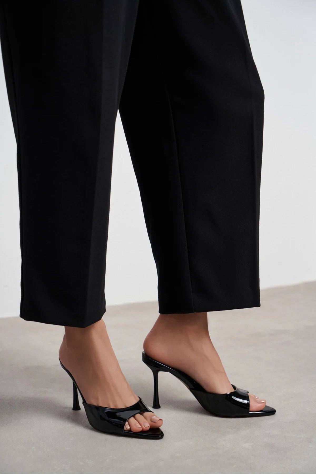 RENATA Black Patent Leather Pointed-Toe Mule Heels