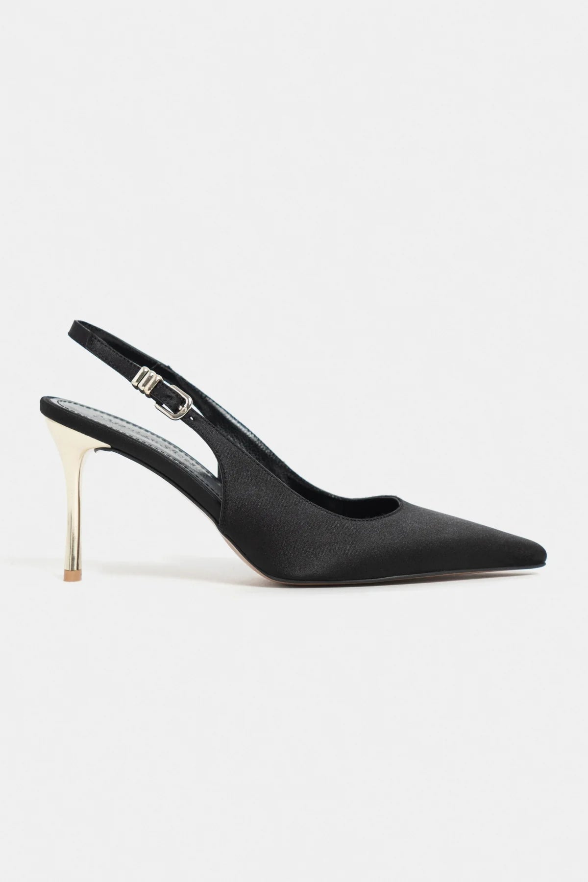 VIORA Black Satin Buckle Detail Women’s Gold Heel Shoes