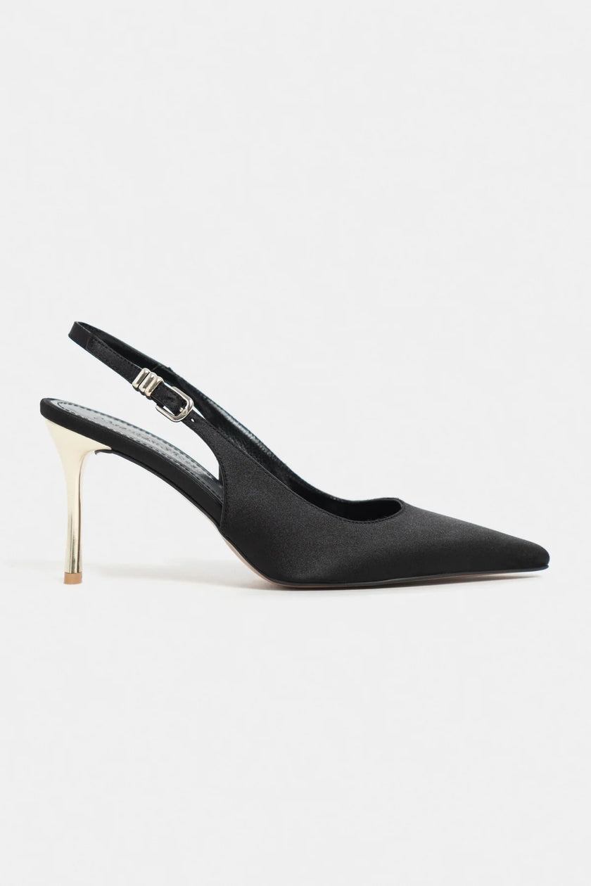 VIORA Black Satin Buckle Detail Women’s Gold Heel Shoes