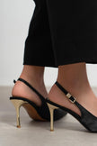 VIORA Black Satin Buckle Detail Women’s Gold Heel Shoes