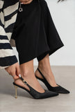 VIORA Black Satin Buckle Detail Women’s Gold Heel Shoes