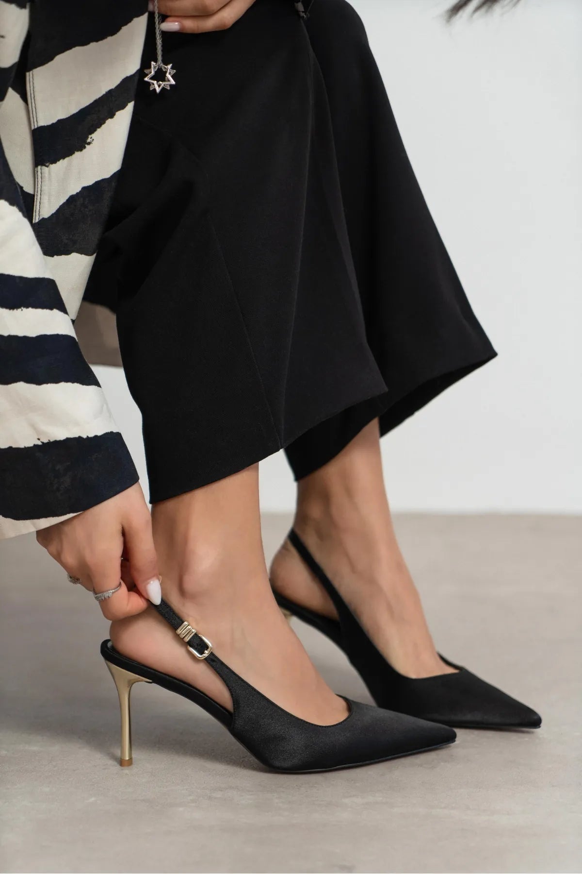 VIORA Black Satin Buckle Detail Women’s Gold Heel Shoes