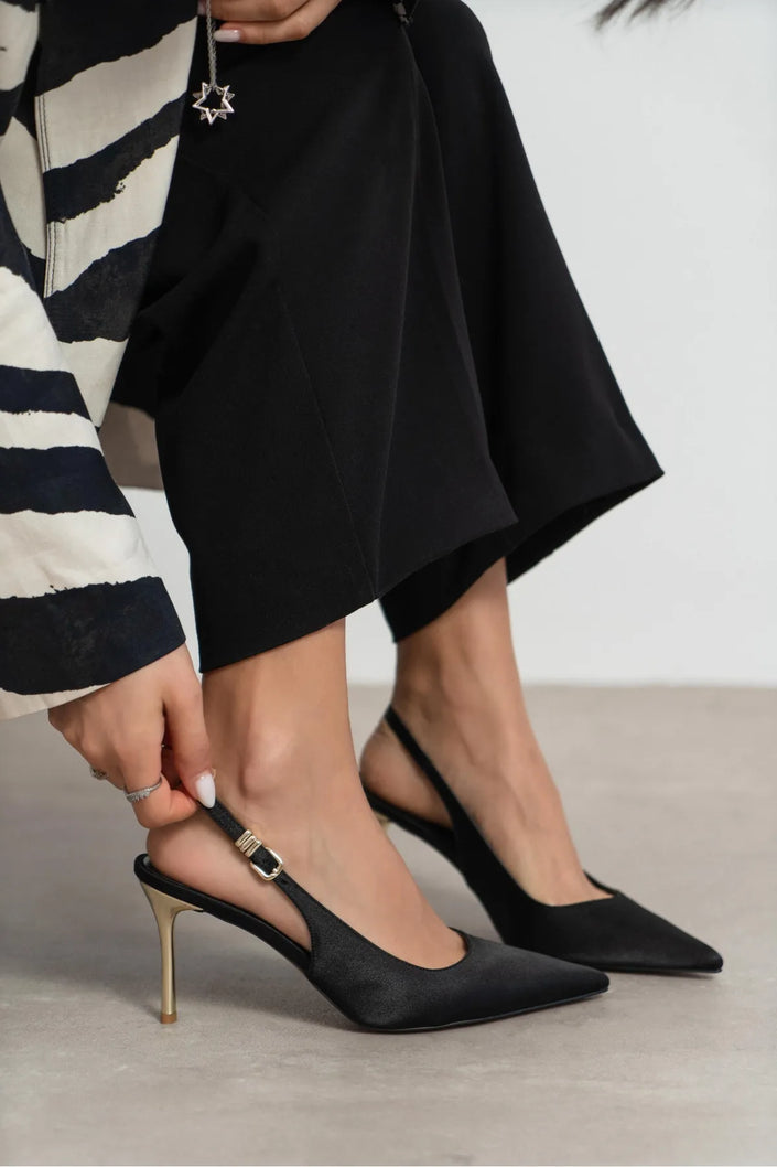 VIORA Black Satin Buckle Detail Women’s Gold Heel Shoes