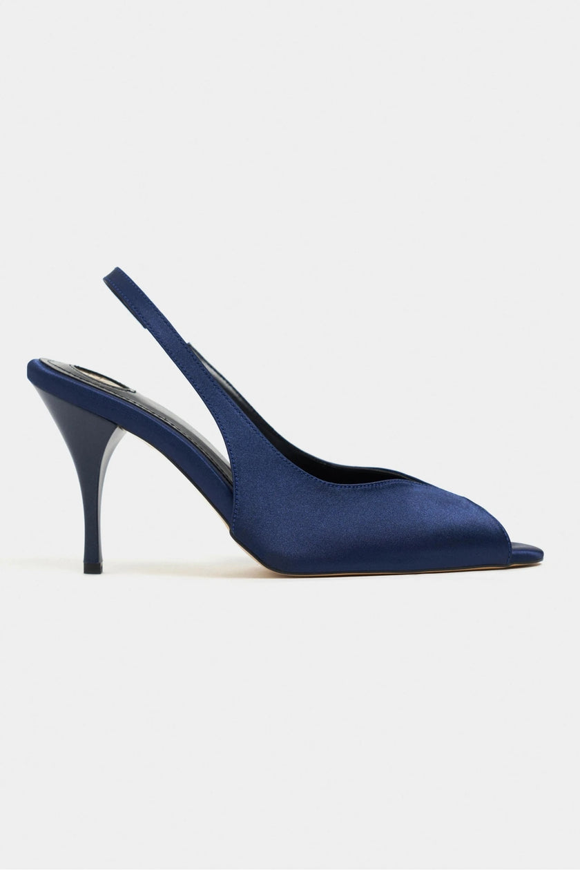 ROXY Navy Blue Satin Ankle Strap Open Toe Women’s Heels