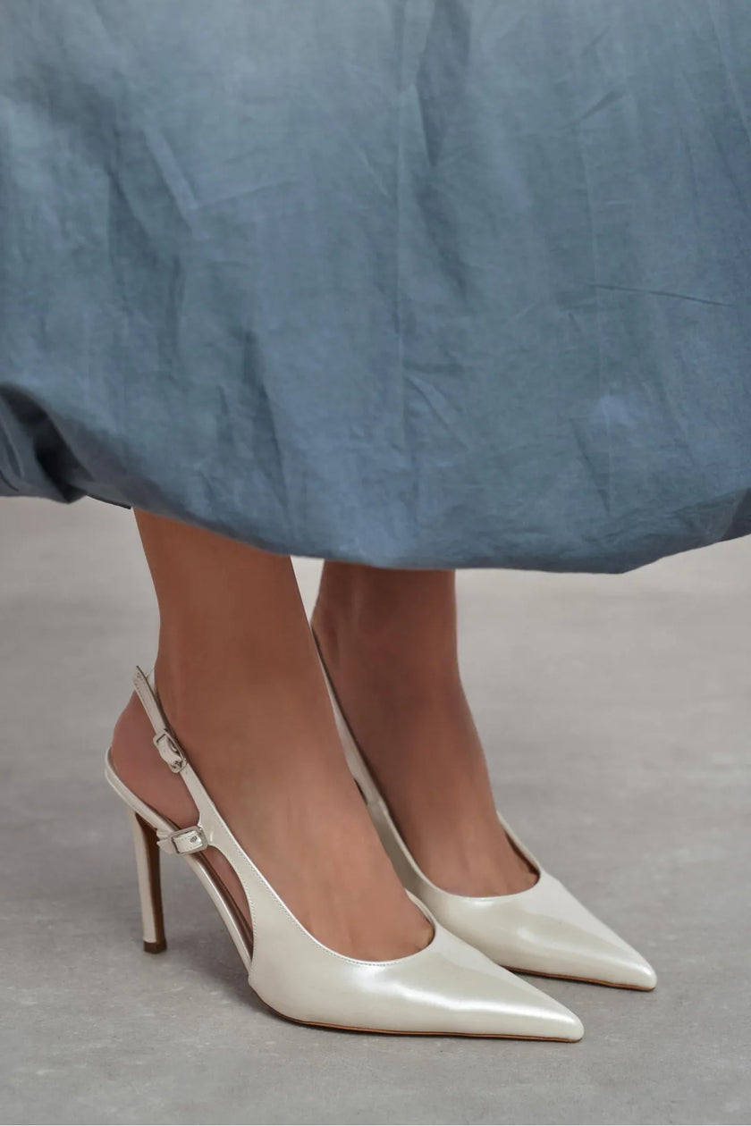 LADONIA Pearl Patent Buckle Detail Open Back Women’s Heels