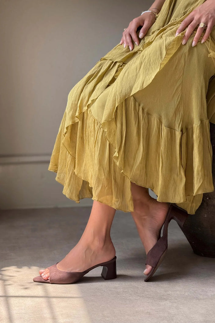 MORGANA BROWN SUEDE POINTED TOE THICK-HEEL WOMEN'S SLIPPERS