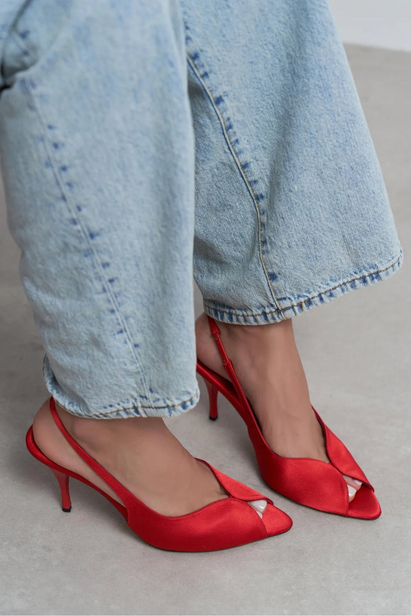 ROXY Red Satin Ankle Strap Open Toe Women’s Heels