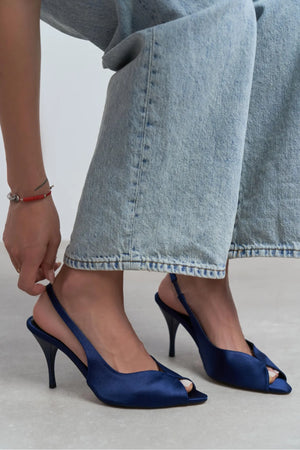 ROXY Navy Blue Satin Ankle Strap Open Toe Women’s Heels