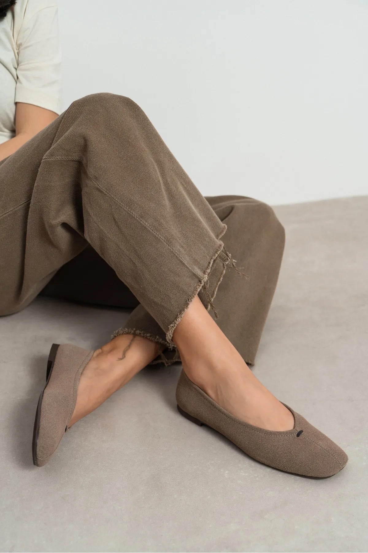 CALM Dark Beige Suede Genuine Leather Women’s Flat Ballet Shoes