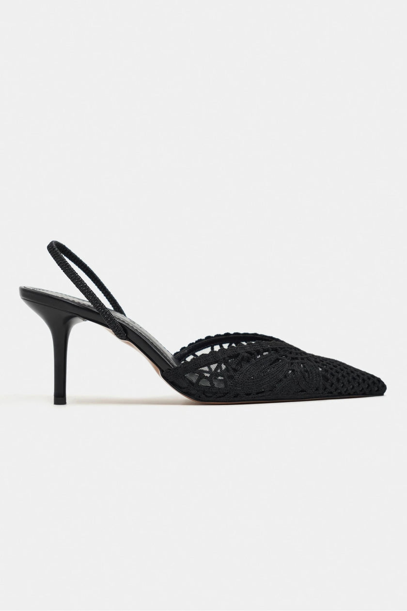 NORELY Black Knit Mesh Embroidered Slingback Women’s Heels