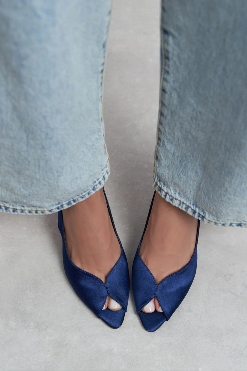 ROXY Navy Blue Satin Ankle Strap Open Toe Women’s Heels