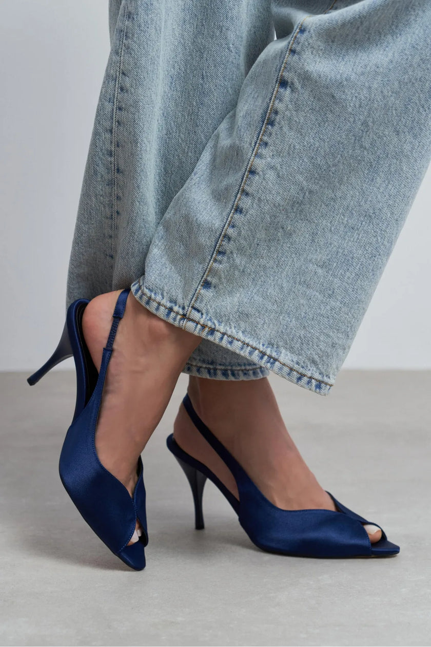 ROXY Navy Blue Satin Ankle Strap Open Toe Women’s Heels