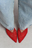 AVENY Red Lace Embroidered Back Strap Women’s Heels