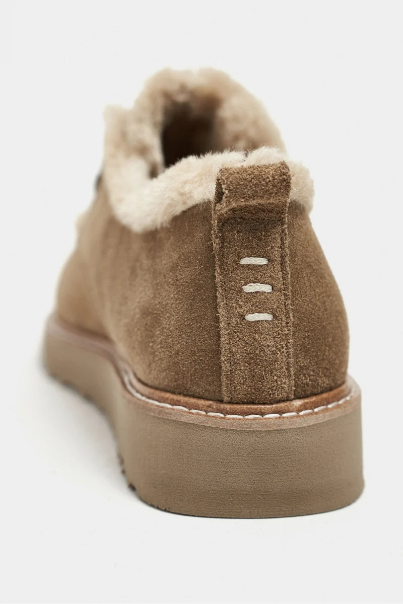LUSHA Rome Beige Genuine Suede Leather Fur-Lined Lace-Up Shoes – 2 cm
