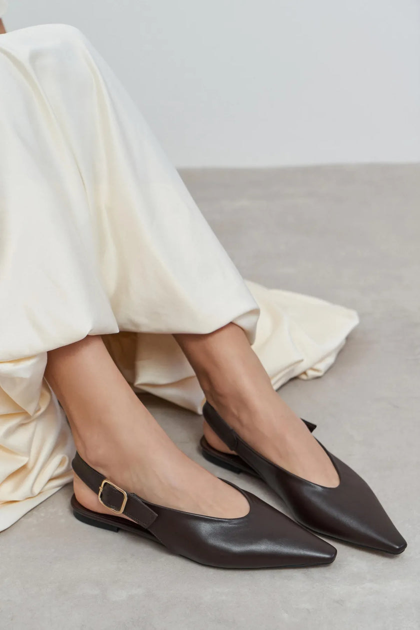 TESSA Brown Matte Pointed Toe Buckle Detail Low Heel Women’s Flats