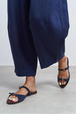 CALINA Navy Blue Suede Double Buckle Women's Flat Slippers