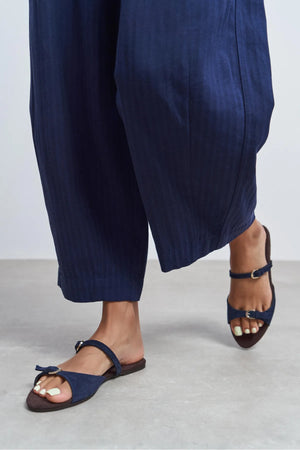 CALINA Navy Blue Suede Double Buckle Women's Flat Slippers
