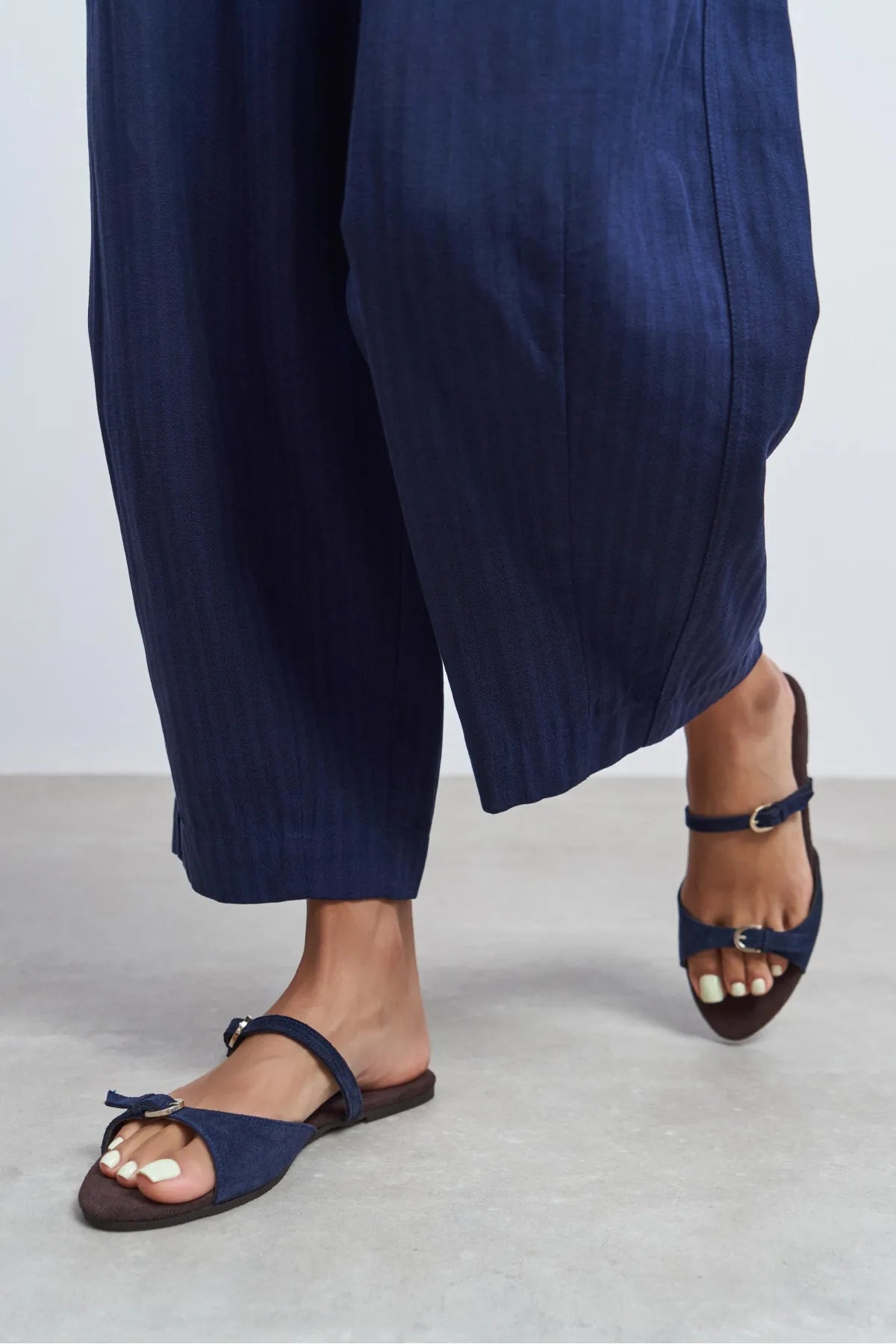 CALINA Navy Blue Suede Double Buckle Women's Flat Slippers