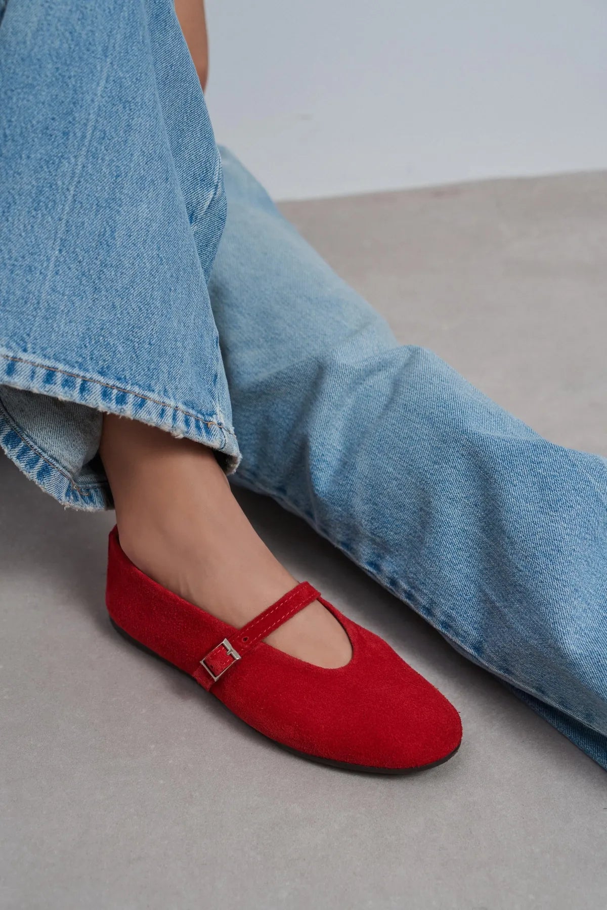 MERA Red Suede Buckle Detail Genuine Leather Women’s Flat Ballet Shoes