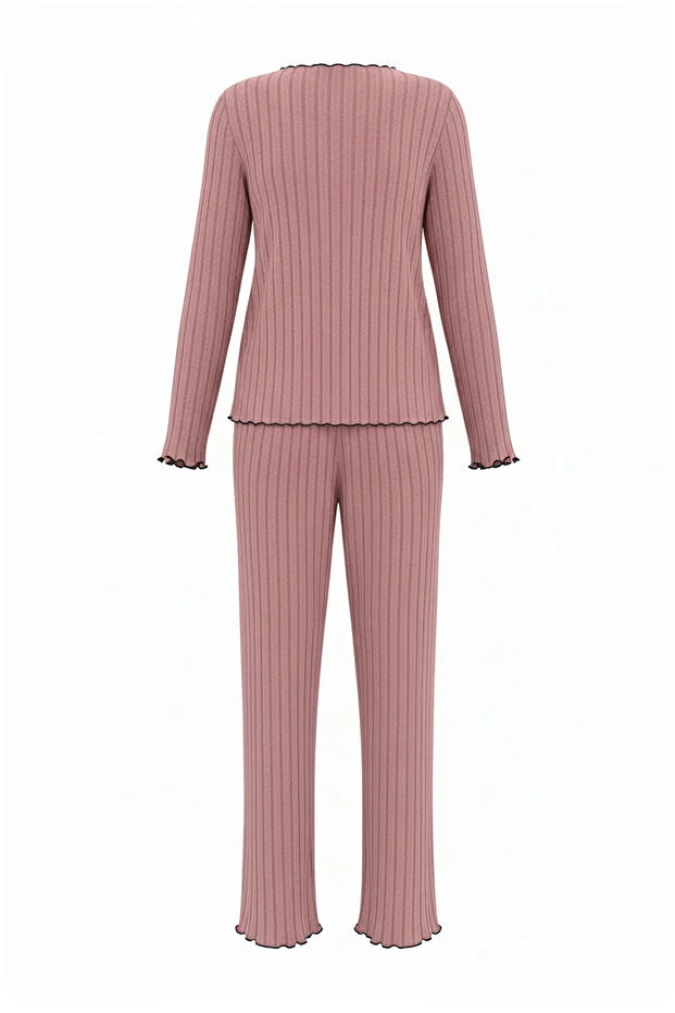 Dusty Rose Baby Overlock Detailed Ribbed Knit Pajama Set