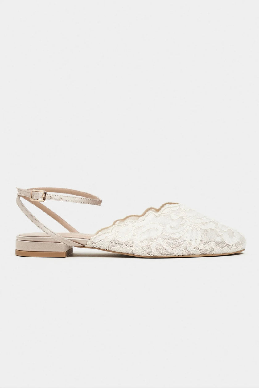 Tracy Beige Lace Detail Back-Strap Buckle Flat Sandals