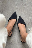 VIKTOR Black Matte Satin Pointed Toe Ankle Strap Detail Women’s Low Heel Ballet Shoes