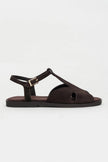 DESSAS BITTER BROWN SUEDE GENUINE LEATHER BUCKLE DETAIL WOMEN’S FLAT OPEN-TOE SANDALS