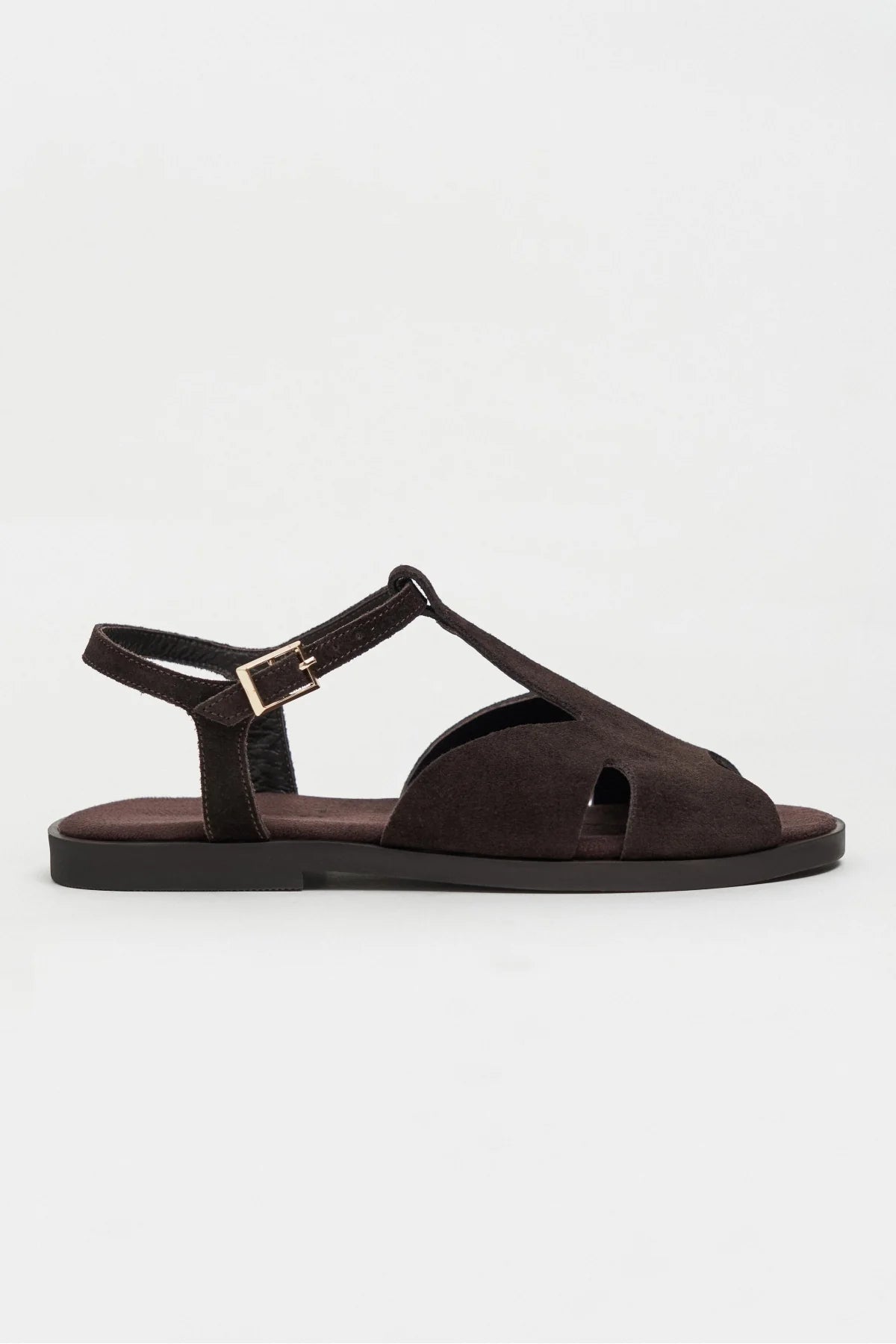 DESSAS BITTER BROWN SUEDE GENUINE LEATHER BUCKLE DETAIL WOMEN’S FLAT OPEN-TOE SANDALS